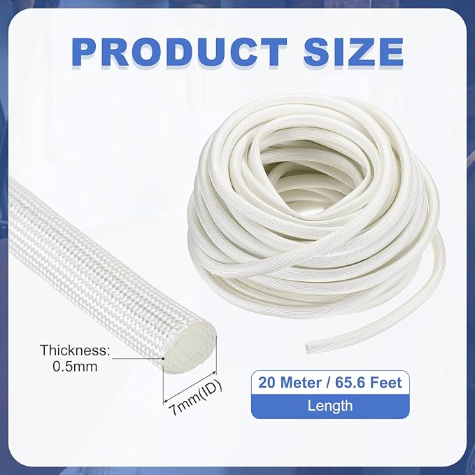 uxcell Insulation Cable Protector,7mm/0.28 Inch-20m/66 Feet High Temp Fiberglass Sleeve White