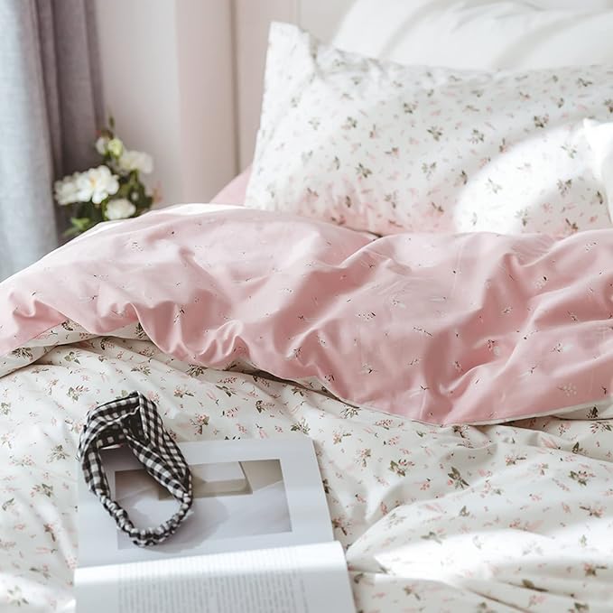 HighBuy Boho Floral Duvet Cover King Pink White Floral Cotton Coquette Bedding Comforter Covers King Lightweight Soft for Girl Garden Style Aesthetic Bedding Set with Zipper Closure