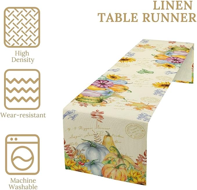 Fall Table Runner Watercolor Pumpkins Sunflowers Maple Leaves Baroque Floral Birds Country Thanksgiving Home Decor for Farmhouse Indoor Outdoor Party Holiday Dining Kitchen Restaurant Cafe W13xL90in