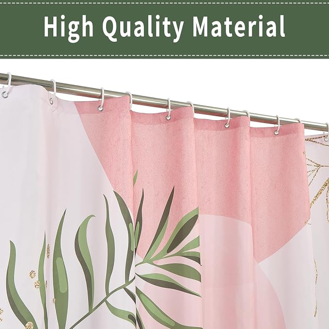 Boho Mid Century Shower Curtain, Pink Modern Minimalist Abstract Geometric Green Gold Plant Leaves Sun Arch Bathroom Curtains Waterproof Fabric Buthtub Curtain Set with Hooks 48" Wx72 L