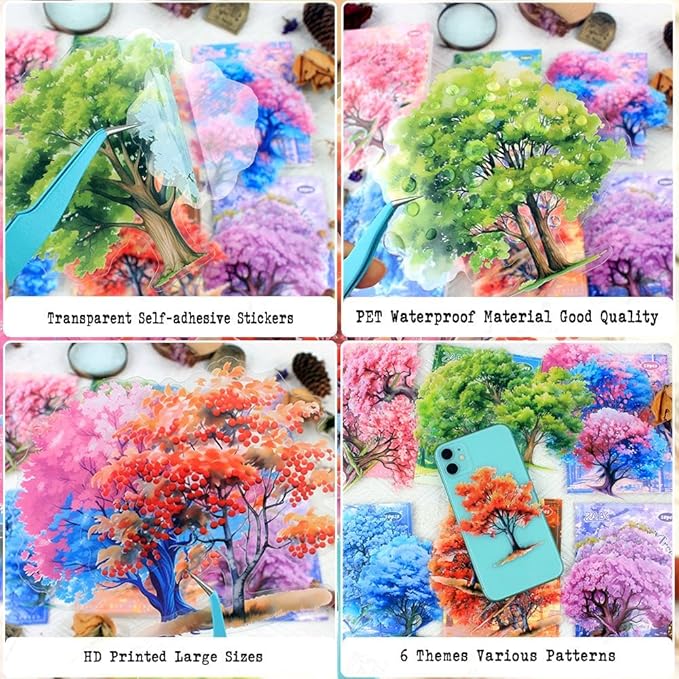 Dwpetzo PET Seasonal Tree Landscape Stickers for Journaling and Scrapbooking, 60 PCS Large Decorative Stickers for Junk Journal Supplies, DIY Crafts Arts, Collage, Albumn