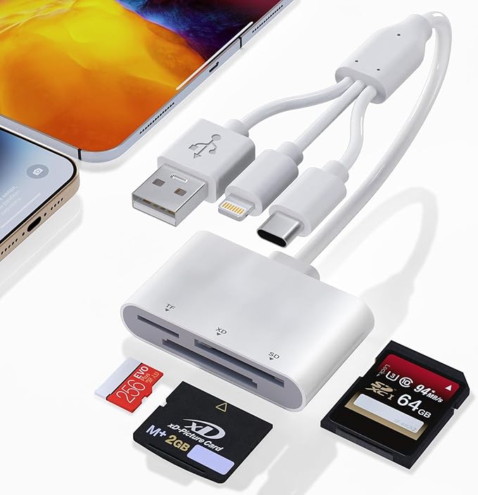 XD Card Reader, SD Card Reader, 3 in 1 TF/SD/xD-Picture-Card Memory Card Reader Camera Phone Adapter, with USB/USB-C/Lightning Port, Use for iPhone 17/16/15/14 iPad MacBook Android PC Laptop