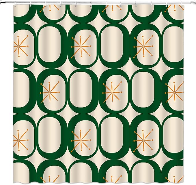 Mid Century Modern Shower Curtain Abstract Atomic Geometric Round Squares Retro 50s Green Fabic with Hooks for Bathroom Decor,60x70 Inch