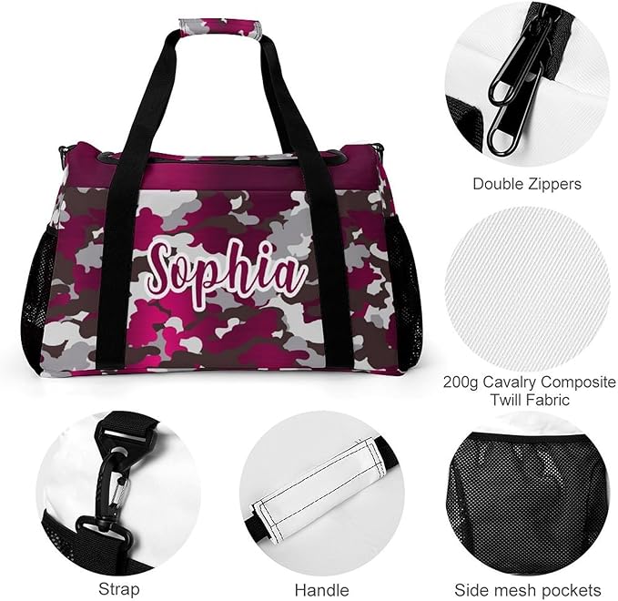 Pink Red Fuchsia Camouflage Camo Travel Bag, Customized Duffel Bags, Overnight Bag, Personalized Gift, Workouts Gym Casual Bag, Perform Backpacks