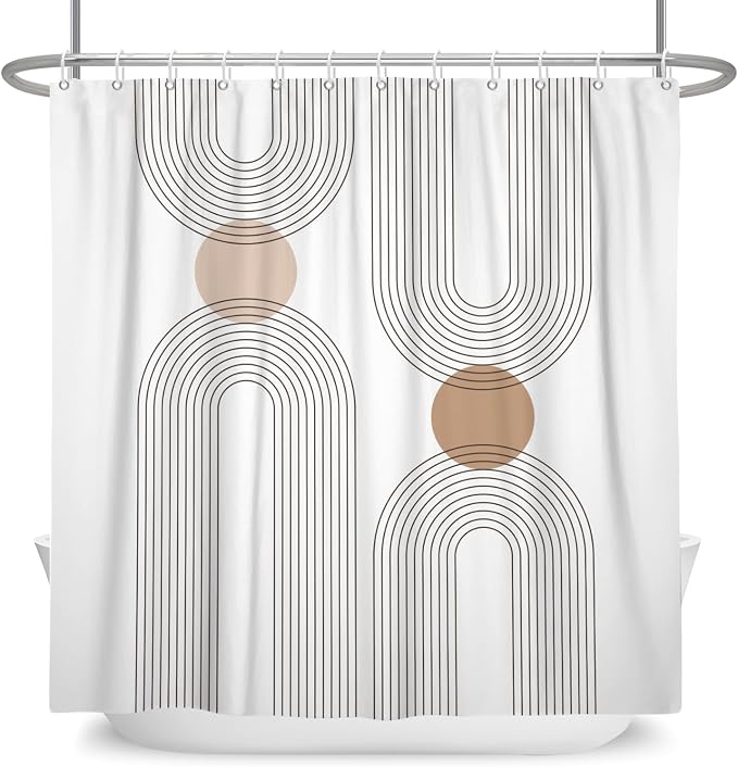 Mid Century Shower Curtain for Bathroom, Boho Sun Rainbow Modern Minimalist Geometric Shower Curtain, Abstract Arch Lines Modern Aesthetic Bathroom Decor Curtain Sets 72x78 inch