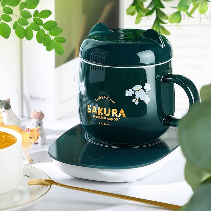 Honeydak Coffee Mug Warmer Cute Cat Mug Set Cup Warmer for Women Heated Coffee Warmers for Mom Home Office Desk Valentine's Day Anniversary Birthday Gifts(Sakura,Green)