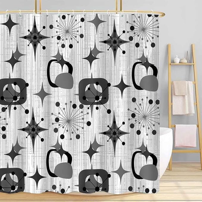 Mid Century Shower Curtain, 72x84inch, Modern Abstract Retro Grey Striped Geometric Shower Curtain Sets 1950s Boho Bathroom Shower Curtain with 12 Hooks
