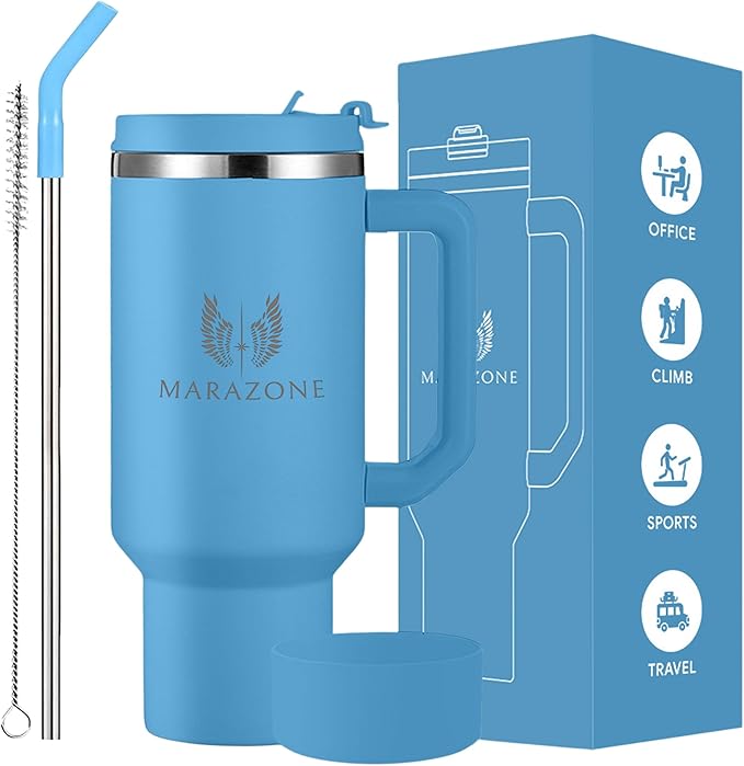 40 oz Insulated Tumbler with Handle and Straw – Stainless Steel Double Wall Vacuum Cup Fits Car Cup Holder, Hot Cold Travel Mug, BPA Free Reusable Water Bottle Gift for Women Men - Sky Blue