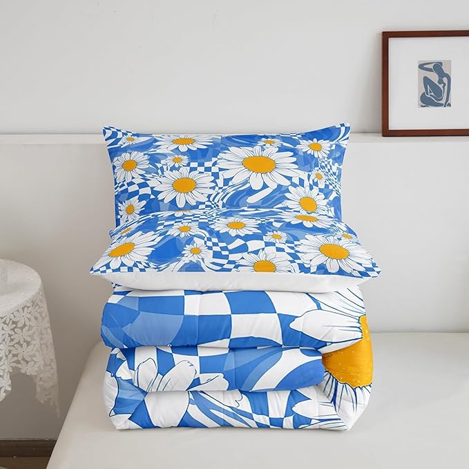 Castle Fairy Kids Abstract Comforter Set Twin Size,White Daisy Flowers Bedding Comforters Bedroom Decor,Blue Zebra Stripes Geometric Plaid Microfiber Duvet Set for Kids Teens,2 Pcs