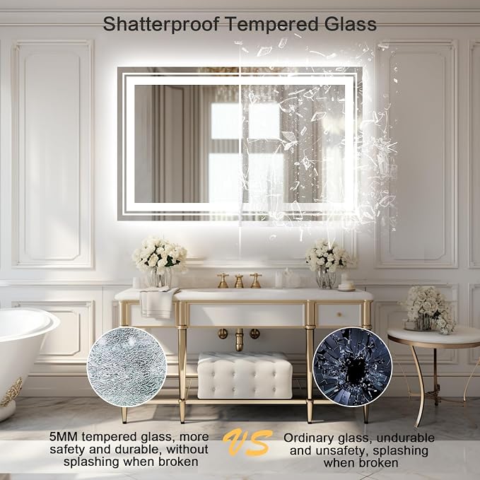 WTTY LED Bathroom Mirror 40"x30" with Back and Front Light,Modern LED Mirror for Bathroom,Stepless Dimmable Lighted Bathroom Vanity Mirror with Anti-Fog,Memory Function,Shatter-Proof