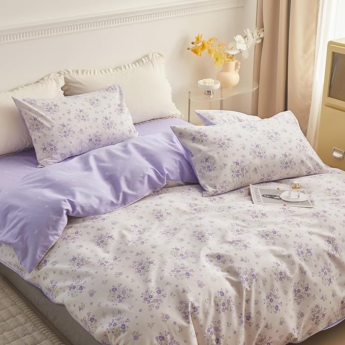 EAVD Garden Purple Floral Duvet Cover Twin Girls Soft 100% Cotton Chic Shabby Lavender Floral Bedding Set with 2 Pillowcases Vintage Botanical Duvet Cover with Zipper Closure