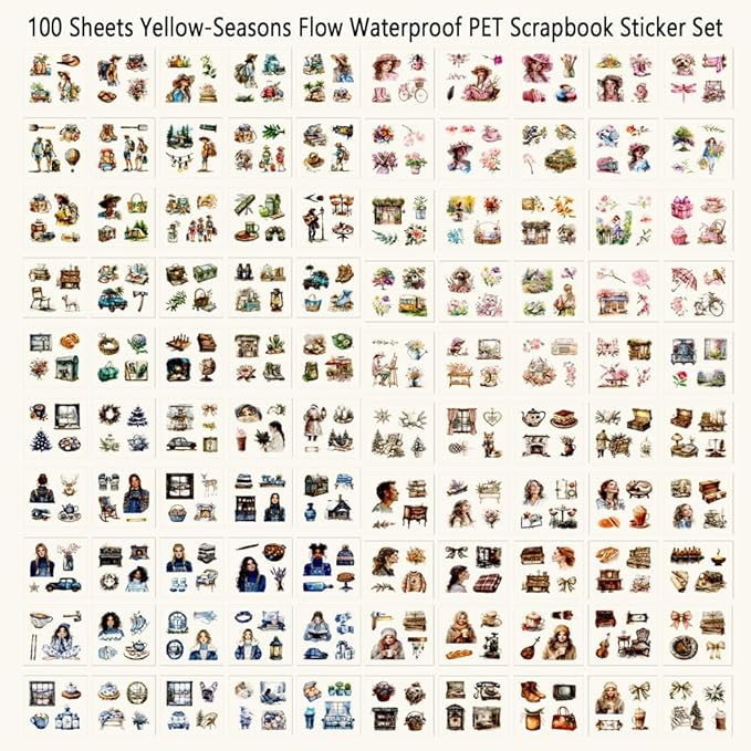 Scrapbooking Stickers Set for Adults, 100 Sheets 3.1 x 3.1 Inches Diecut Seasons Flow Theme, PET Stickers for Journaling, Junk Journal Supplies, Collage, Scrap Book, DIY Crats Arts Decorative