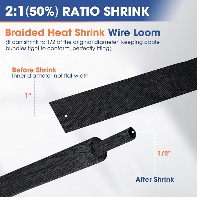 FOURUB 2:1 Heat shrinkable Braided Sleeving Fabric Wire Loom High Temp Heat Shrink Wiring Harness Abrasion Protector Cable Sleeve(1"-34ft)