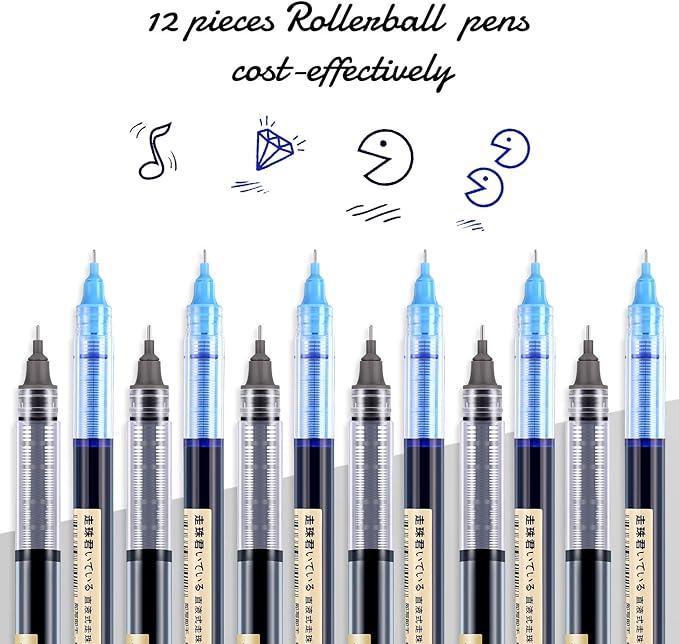 Frienda 12 Pieces Rolling Ball Pens 0.5 mm Japanese Quick Drying Fine Point Pens Liquid Ink Smooth Writing for Office Student Back to School Supplies(Black and Blue)