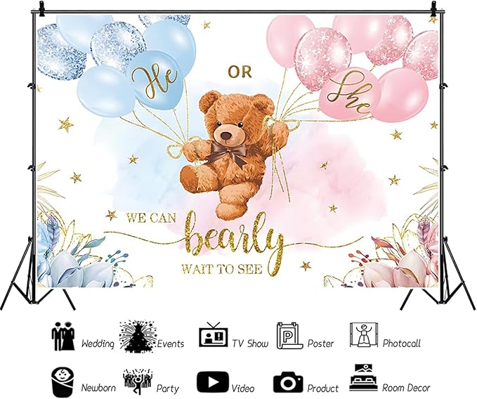 5x3ft Gender Reveal Backdrop Baby Bear Boy or Girl Photography Background Baby Shower Party Blue and Pink Banner Decorations Supplies Photo Booth Props