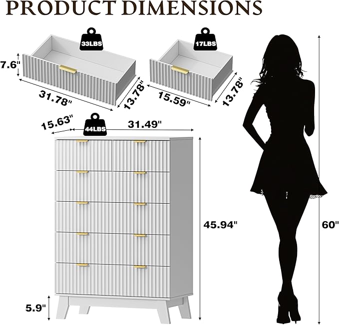 BORNOON 46" Tall Dresser for Bedroom, 6-Drawer Fluted Chest of Drawers, Modern Wood Highboy with Deep Storage, Metal Slides and Handles, Anti-Tip Kit, Vertical Clothes Organizer for Apartment, Nursery