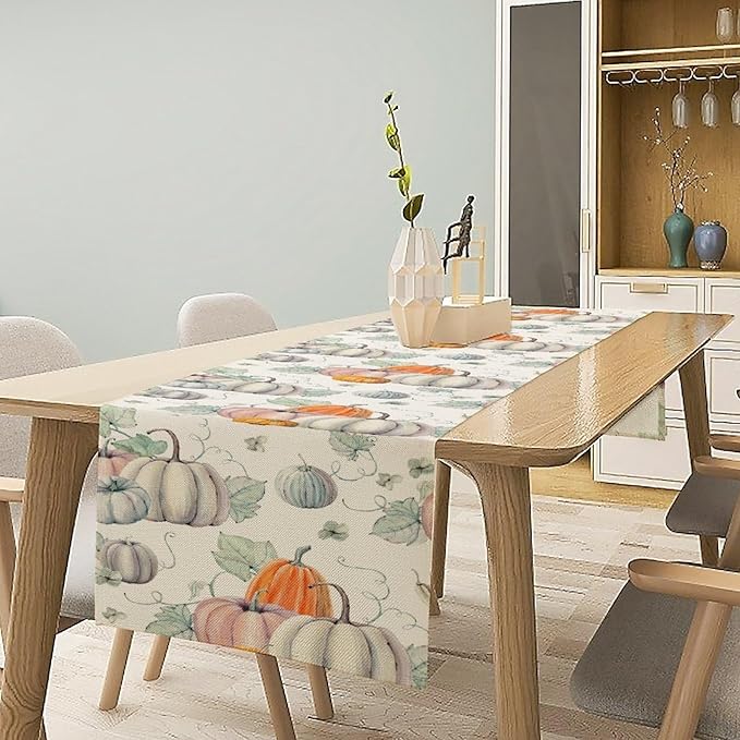 Fall Pumpkin Table Runner Vintage Leaves Plant Motifs Thanksgiving Theme Watercolor Illustration Home Decor for Farmhouse Indoor Outdoor Party Holiday Dining Kitchen Restaurant Cafe W13xL120in