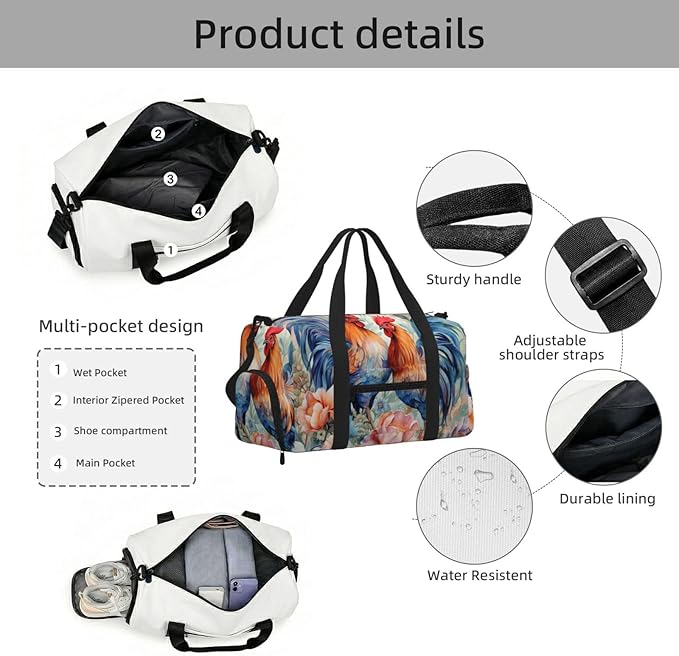 Sports Gym Bag Watercolor Floral Roosters Hen Flowers Travel Duffel Bag With Shoe Compartment Shoulder Strap, Lightweight Water-Resistant Weekend Overnight Totes For Women Men