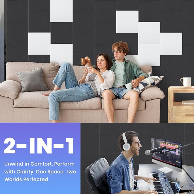 Focusound 18 Pack Sound Proof Panels for Walls, Self-Adhesive Acoustic Panels Sound Absorbing, 12" X 12" X 0.4" High Density Square Soundproof Wall Panels