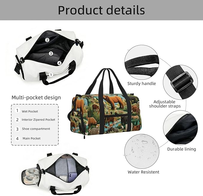 Sports Gym Bag Tropical Forest Animals Educational Travel Duffel Bag With Shoe Compartment Shoulder Strap, Lightweight Water-Resistant Weekend Overnight Totes For Women Men