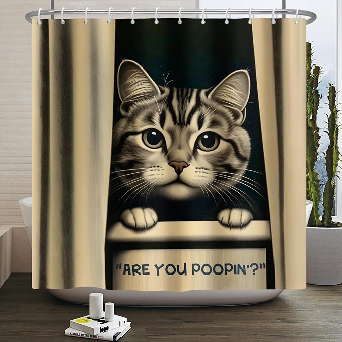 Cat Shower Curtains Cute are You Poopin' Funny Humorous Animal Whimsical Bathroom Curtain Curious Joke Cat Shower Curtain Sets for Bathroom Extra Long 72x84 in with 12 Hooks
