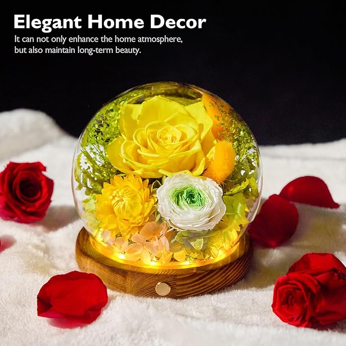 Forever Flowers for Delivery Prime, Preserved Rose in Glass Dome, Gifts for Women Birthday, Long-Lasting Flowers for Mom Wife Grandma Valentine's Day Mother's Day Christmas Anniversary, Yellow