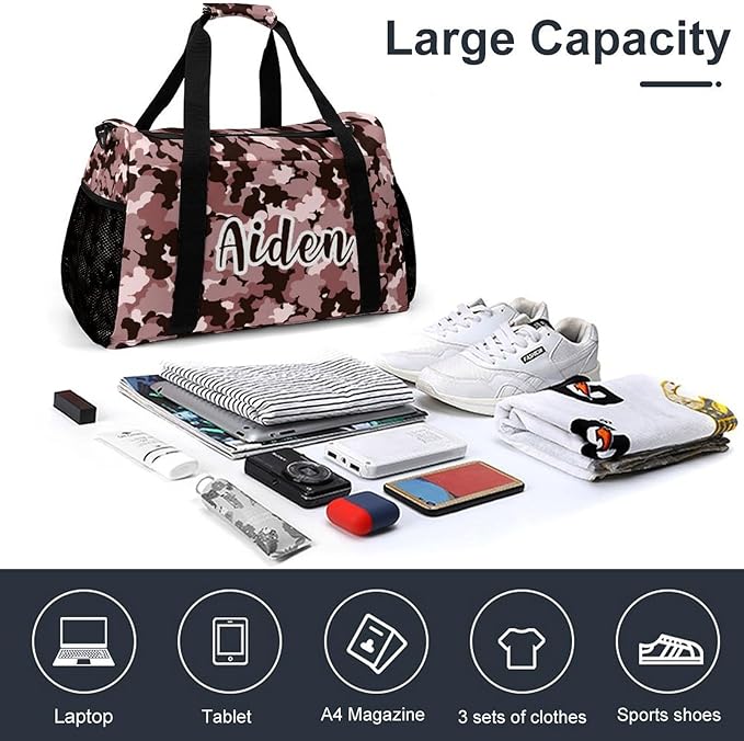 Personalized Pink Khaki Brown Camouflage Camo Duffle Bag with Name for Women Man Tote Bag Custom Travel Perform Training Bag Gym Bags