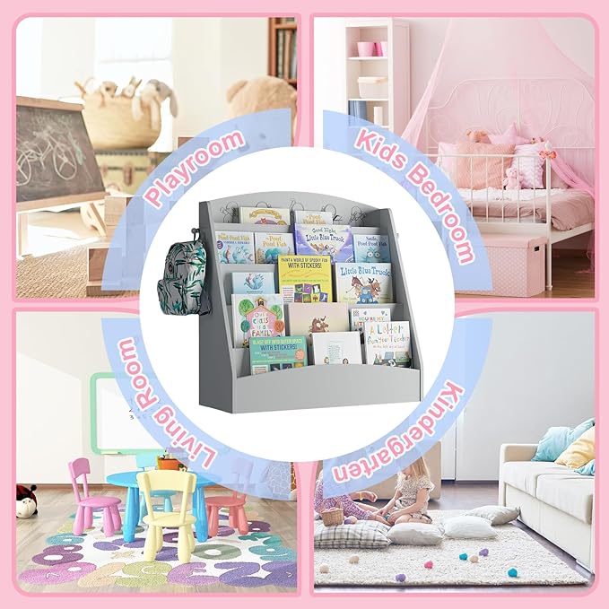 NACHES 5-Tier Kids Bookshelf - Toddler Book Display Shelves, Montessori Bookshelf for Kindergarten, Nursery, Bedrooms, Classrooms - Wooden Children Book Display, Grey
