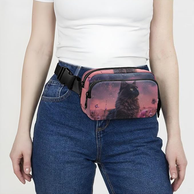 Black Cat Flower Fanny Pack for Women Men Water Resistant Fashion Waist Packs with Adjustable Strap Belt Bag for Travel Workout Jogging Hiking 21220533