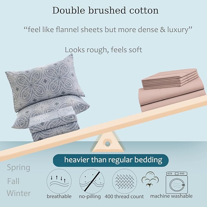 Zusbest Full Size Sheets 100% Percale Cotton Grey Bed Sheet, Brushed for Extra Softness, Breathable Luxury Flannel Like Sheets Modern Classic Navy Printed Deep Pocket Bed Set 17.5'' 4 Pcs