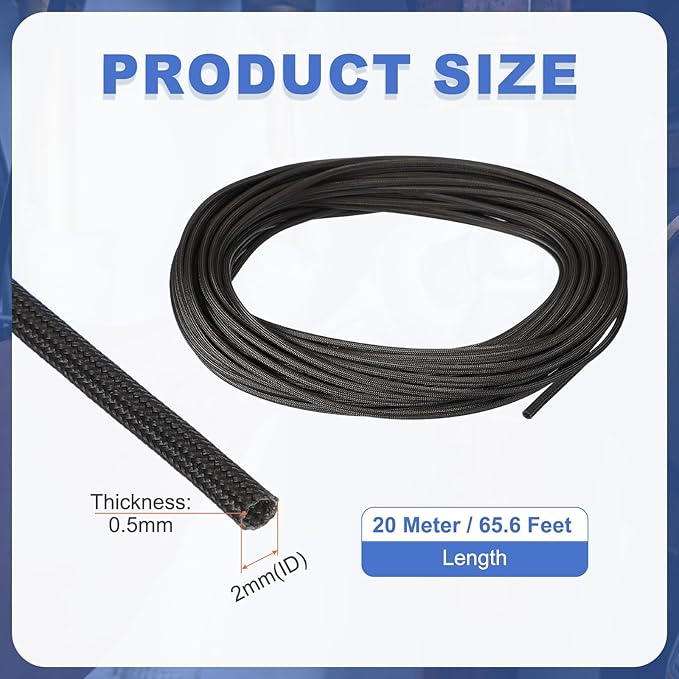 uxcell Insulation Cable Protector,2mm/0.08 Inch-20m/66 Feet High Temp Fiberglass Sleeve Black