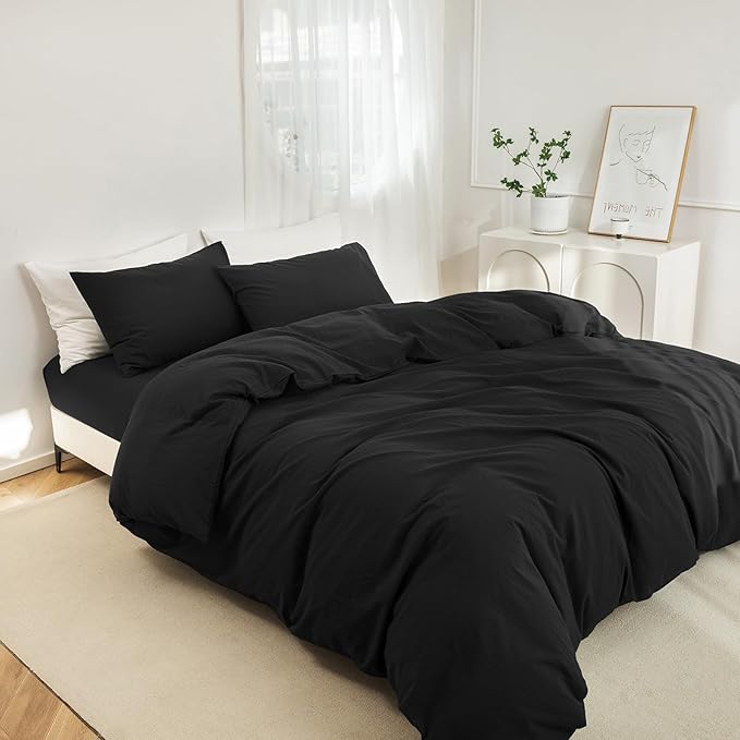 JIYUAN 100% Washed Cotton Duvet Cover Set 3 Pieces Cal King, 1 Duvet Cover 104x98 Inches(Comforter Not Included) and 2 Pillowcases,Linen Feel Bedding Set Comfy and Breathable,Black
