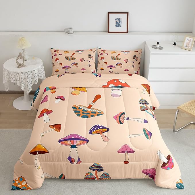 Castle Fairy Retro Trippy Mushroom Comforter Set Full Size,Hippie Plant Bedding Comforters for Girls Teens Gift,60s 70s Cartoon Style Quilt Set with 2 Pillowcases,Chic