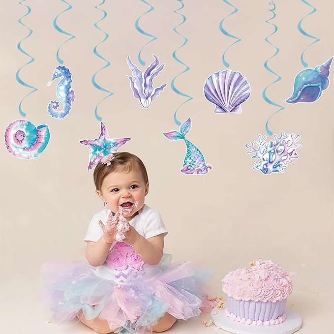 Little Mermaid Party Decorations Streamers - 16Pcs Under The Sea Classroom Hanging Swirl Ceiling Decor,Pool Beach Ocean Underwater Girls Birthday Summer Baby Shower Banner Supplies Hugtmr