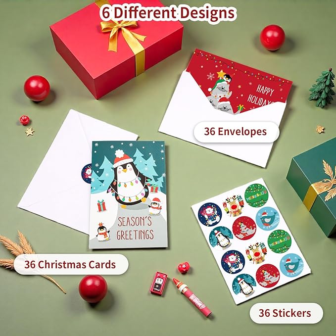 Thboxes Christmas Cards with Envelopes & Stickers, 36 Pack 4x6 Inch Merry Christmas Cards, Funny Holiday Card, 6 Assorted Designs Greeting Card for Xmas