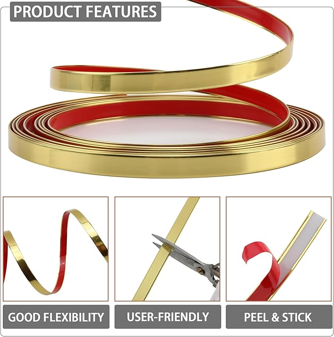 Glossy Gold Peel and Stick PVC Molding Trim, Flexible DIY Wall Accent Strip for Mirror Frame, Cabinet, Edges & Borders and Tiles (394''L x 0.8''W)