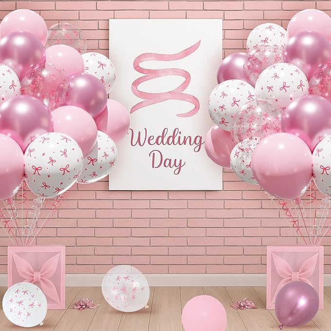 Patimate Pink Bow Balloons Set, 50 pcs 12 inch Metallic Pastel Pink White Transparent Bow Print Balloons Kit for Coquette Birthday Baby Shower for Girls Women Wedding Bridal Shower Party Decorations