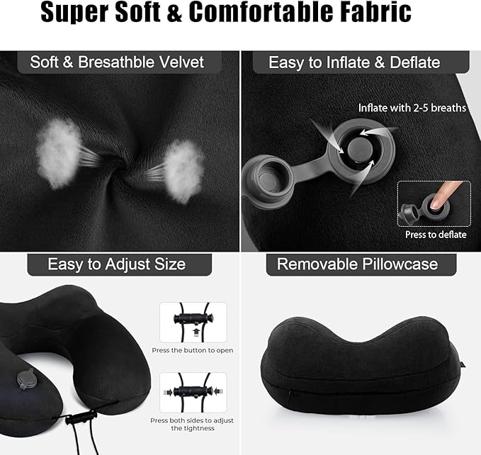 urophylla Inflatable Travel Neck Pillow for Airplanes, Super Soft Velvet Neck Support, Adjustable Firmness, Blow Up Plane Pillow for Long Flights, Road Trips, Travel Essentials with Eye Mask, Earplug