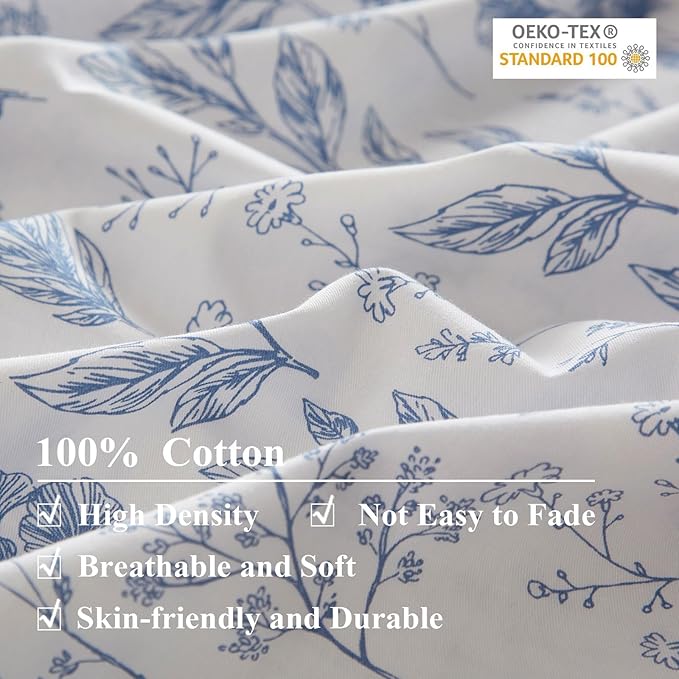 EAVD Vintage Style Garden Blue Floral Cotton Duvet Cover King White Boho Floral Bedding Set Chic Fresh Cottagecore Bedding Aesthetic Botanical Comforter Cover with 2 Pillowcases