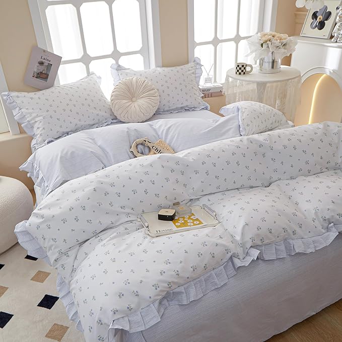 White Duvet Cover Floral Lace Duvet Cover King Cute Blue Flower Green Leaves Print Ruffle Comforter Cover Vintage Princess Lace Bedding Set Botanical Floral Comforter Cover Cottagecore Bedding Set