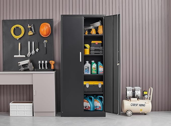 Metal Storage Cabinet with Adjustable Shelves, Garage Storage Cabinets with Doors and Shelves, File Cabinets for Home Office, Kitchen Pantry Cabinet, 71'H, Black
