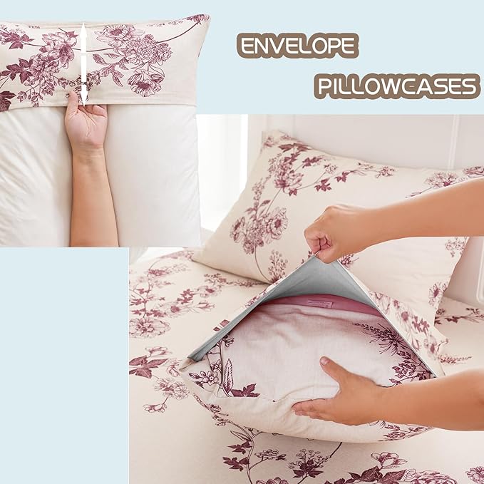 Zusbest Queen Sheet Set 100% Percale Cotton Red Floral Bed Sheet Set, Brushed for Extra Softness, Luxury Toile Flannel Like Sheets Shabby Vintage Flower Print Deep Pocket Sheets 17.5'' 4 Pcs