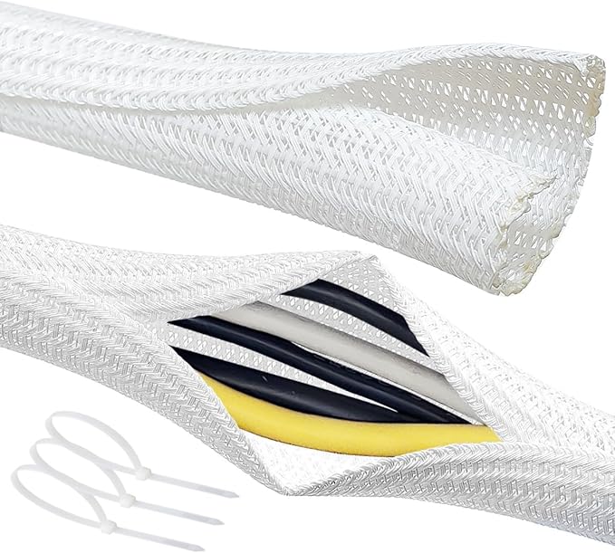 Cable Management Split Wire Loom Sleeve - Cord Hider & Protector for Desk, Pet Chew Proof, Wire Cover Organizer, Flexible Tube for Wires and Cables (5/16 Inch 25FT, White)