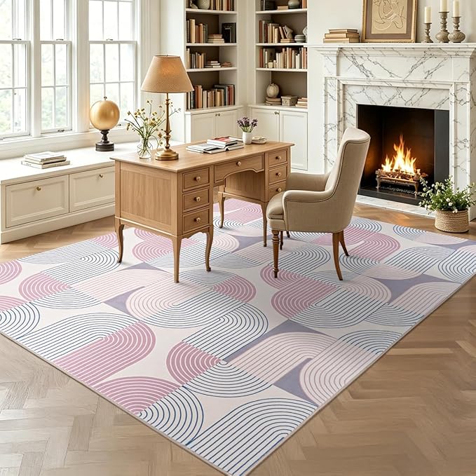 Living Room Rugs 4x6, Washable Modern Geometric Mid Century Rug for Bedroom, Soft Non-Slip Indoor Floor Boho Abstract Carpet for Dining Room Nursery Home, Pink/Purple