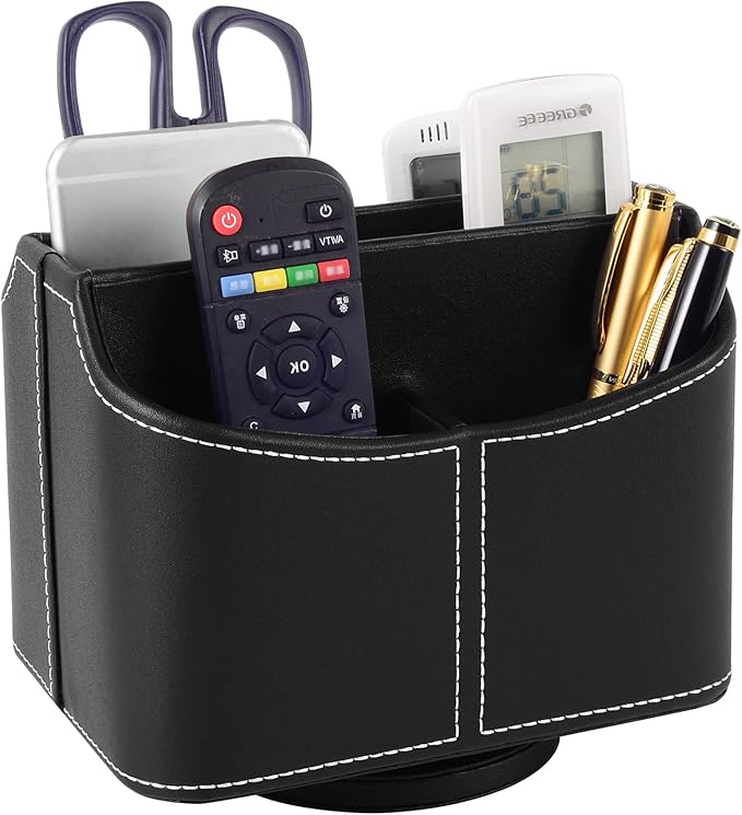 RHCSZ PU Leather Remote Control Holder Rotate 360 degrees Desk Organizer Storage Box for Remote Caddy,TV Guide, Mobile Phone, Pen,Stationery and Media Storage,Bedside Table Organizer(Black)