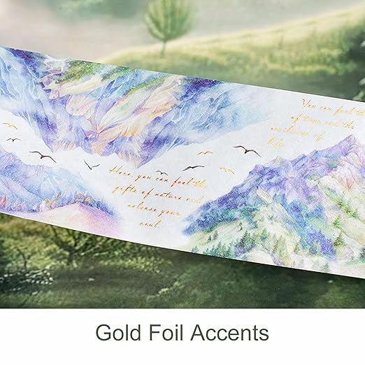 AuriicLeaf Mountain Forest Washi Tape Set, 6 Rolls with Poetic Text and Gold Foil Accents, Includes Clip for Scrapbooking, Journaling, and Planner Supplies