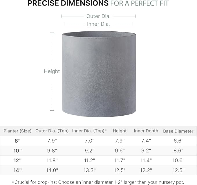 FaithLand 14 Inch Fiberstone Planter - Lightweight Modern Cylinder Plant Pot with Drainage Hole & Plug, Authentic Concrete Look, Gray