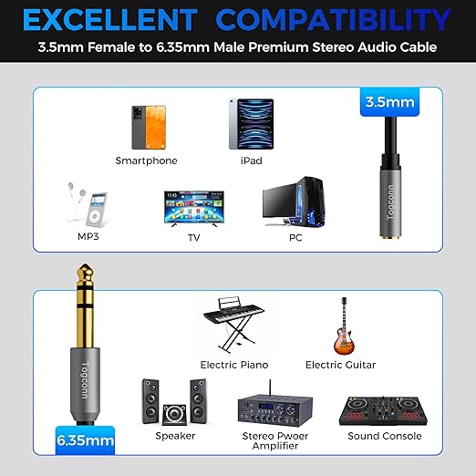 Togconn 6.35mm to 3.5mm Stereo Audio Cable Adapter 6 Feet, 6.35mm 1/4 Inch TRS Male to 3.5mm 1/8 Inch Female Stereo Audio Converter Connector for Phone, Laptop, Headphone, Amplifier, Guitar, Speaker