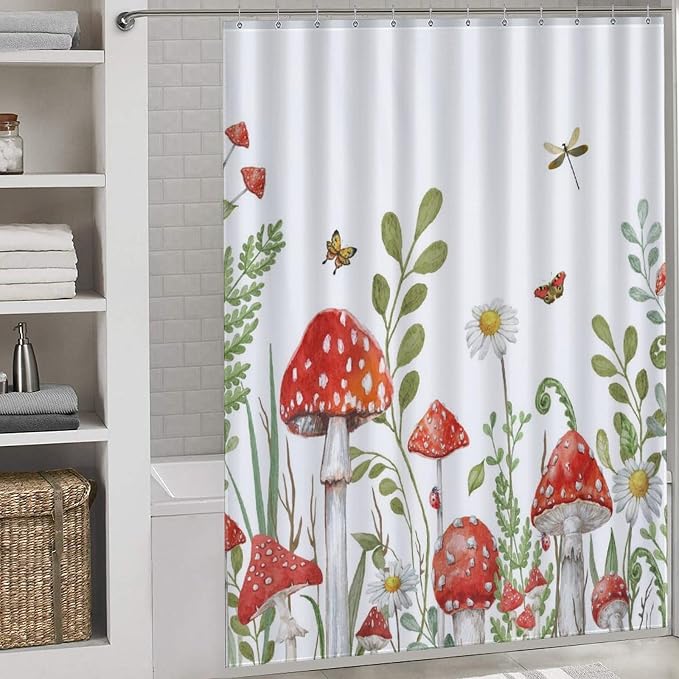Mushroom Shower Curtain, Rustic Sage Green Botanical Vintage Mushroom Wildflower Forest Plants Herbs Farmhouse Country Waterproof Fabric Bathroom Shower Curtain Set with Hooks, 72"x72" Inch