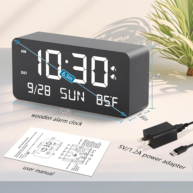 Fomobest Wooden Digital Alarm Clock for Bedroom - Desk Clock with Date, Day of Week, Temperature, Dual Alarms, Dimmer, USB Port Charge, DST, Adjustable Volume for Living Room/Office Wood Decor (Black)